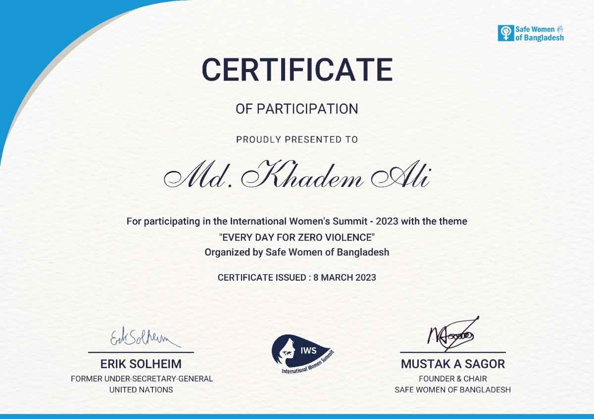 Safe Woman of Bangladesh Certificate